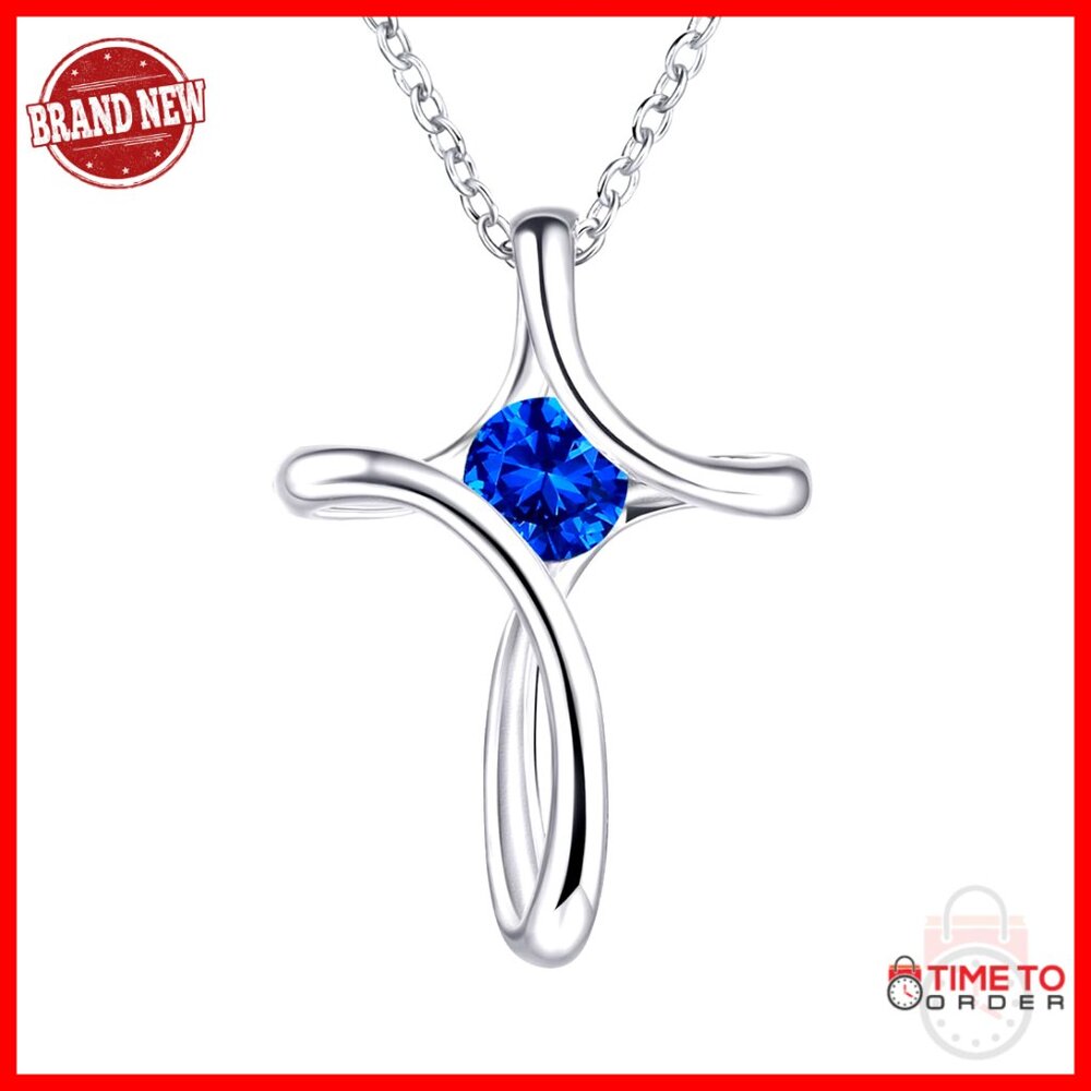 Sterling Silver Cross Necklace With Birthstone Diamond Sideways Pendant